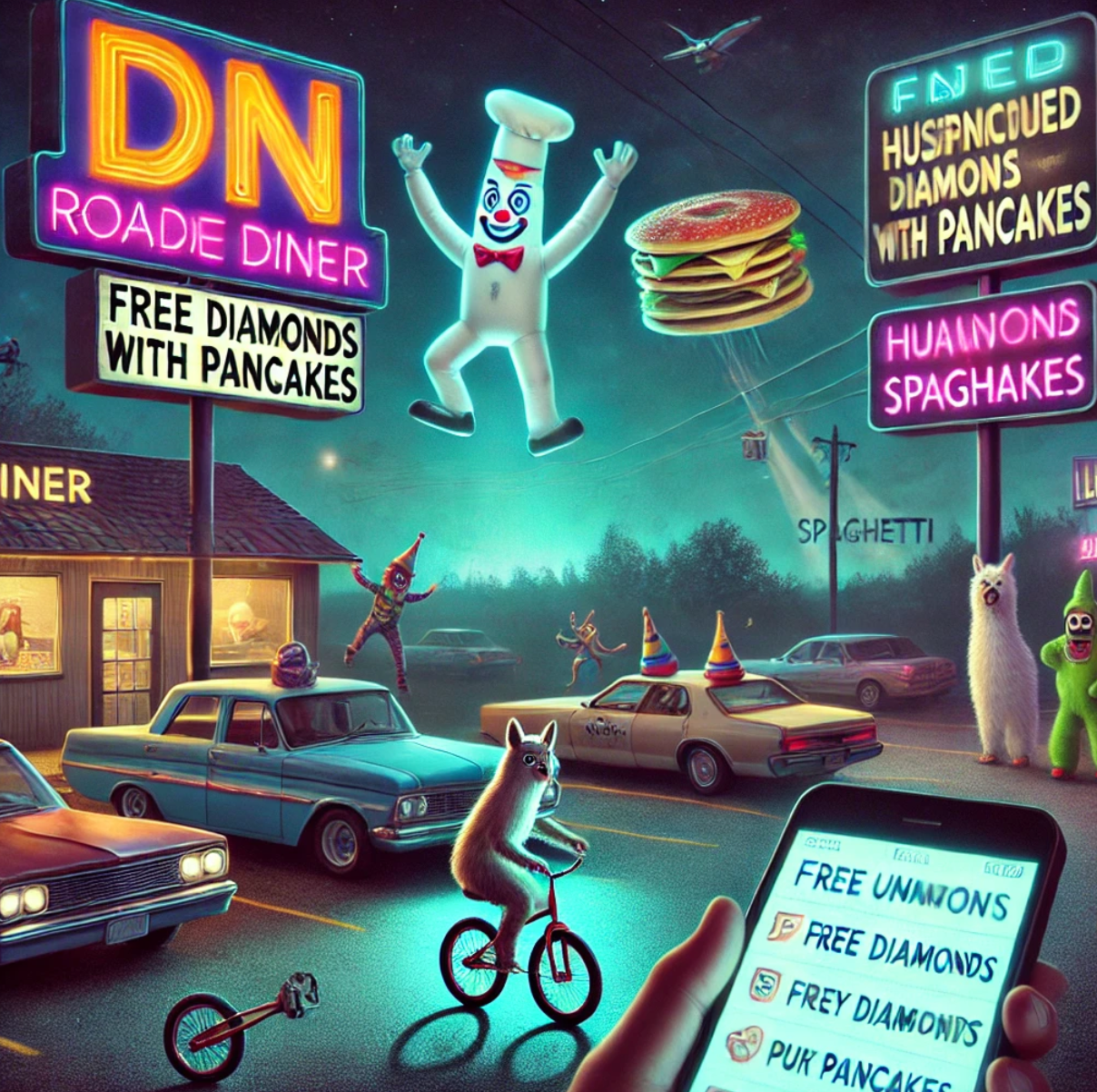 Zany AI created image of a far out diner with free diamonds with pancakes