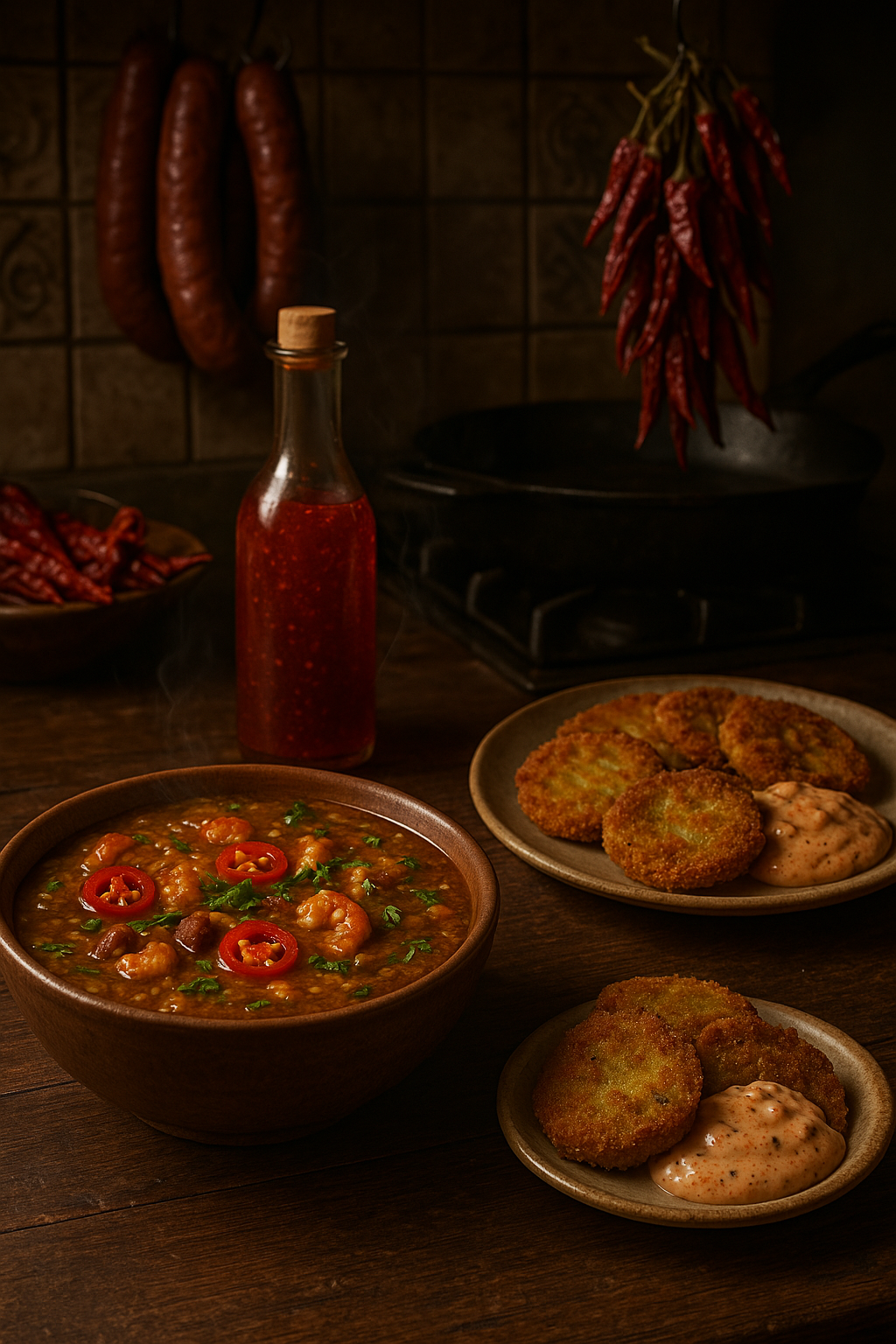 Calabrian Chili Gumbo and fried green tomatoes with a creamy calabrian chili remoulade